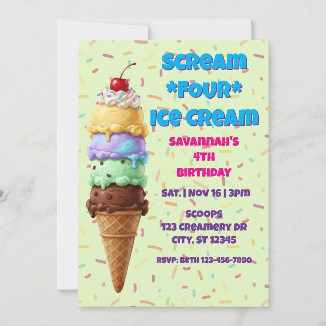 Scream FOUR Ice Cream, 4th Birthday  Einladung (Vorderseite)