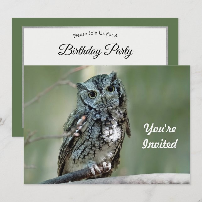 Screech Owl Treff Branch Foto Geburtstag Einladung (Vorne/Hinten)