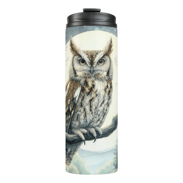 Screening Owl Wasserfarbe Kunst Thermosbecher (Vorderseite)