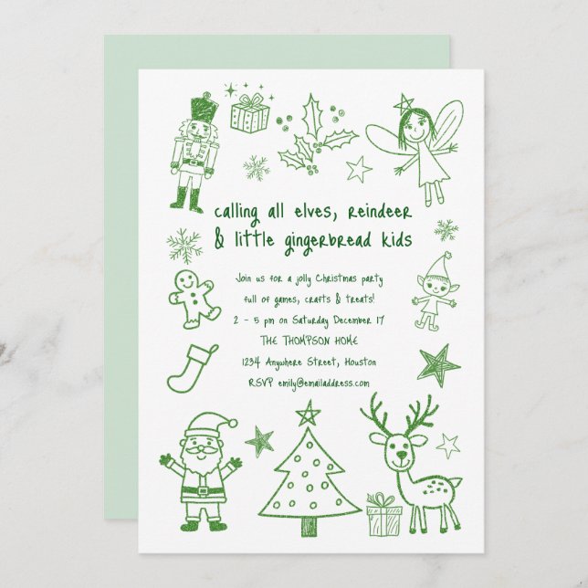 Scribbble Art Glitzer Green Kids Weihnachts-Party Einladung (Vorne/Hinten)