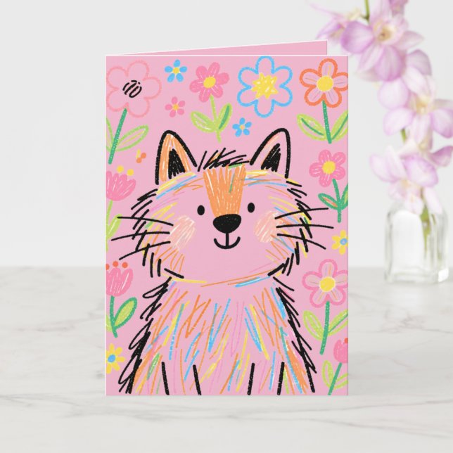 Scribble Cat Grußkarte Pink Karte (Orchidee)