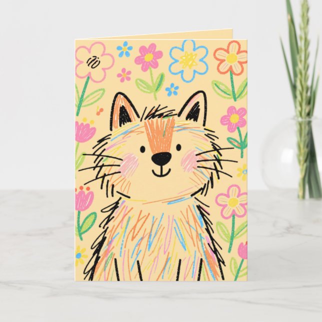 Scribble Cat Grußkarte Soft Warm Creme Karte (Vorderseite)