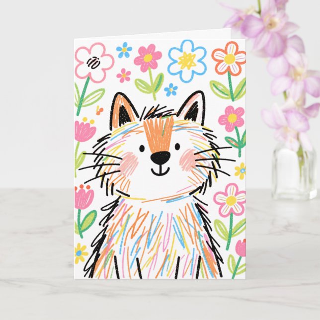 Scribble Cat Grußkarte Weiß Karte (Orchidee)
