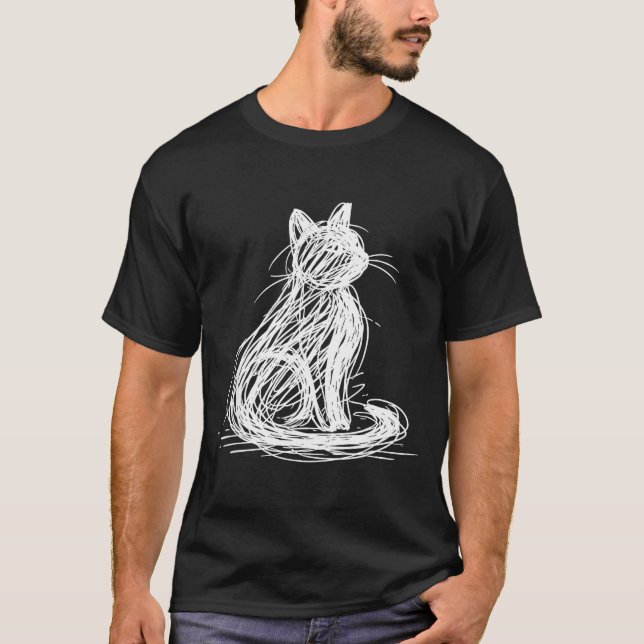 Scribble Cat Minimal Line Art Japanese  T-Shirt (Vorderseite)