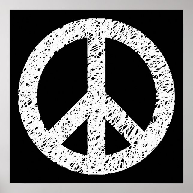 Scribble Stenciled Peace Symbol - White on Black Poster (Vorne)