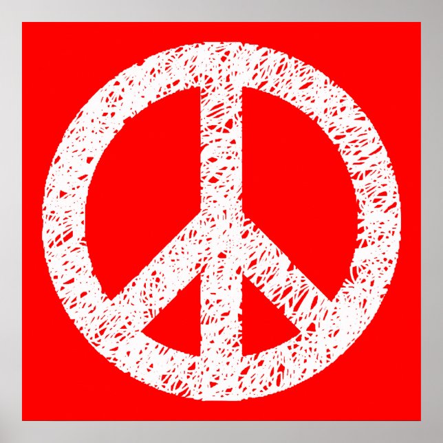 Scribble Stenciled Peace Symbol - White on Red Poster (Vorne)