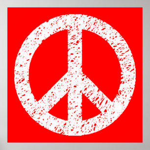 Scribble Stencilled Peace Symbol - White on Red Poster