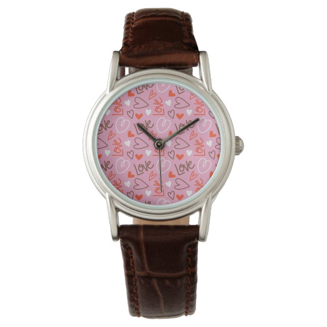 Scribbled Liebe Hearts Classic Brown Leather Strap Armbanduhr (Vorderseite)
