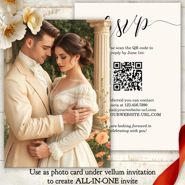 Script All in One Vellum Foto Background Wedding Einladung (Elegant script photo wedding invitation background with RSVP and QR code - vellum addition)