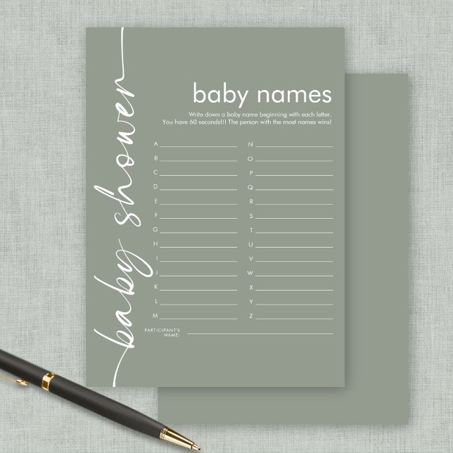 Script Baby Names Shower Game Sage Card Einladung (Available digitally or printed)
