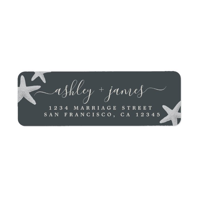 Script Beach Starfish Black Wedding Rücksendeadres (Vorne)