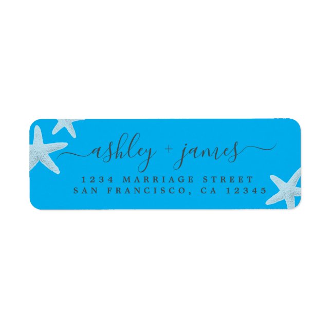 Script Beach Starfish Blue Wedding Rücksendeadress (Vorne)