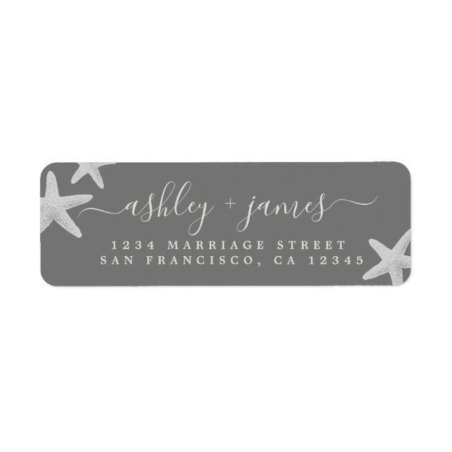 Script Beach Starfish Gray Wedding Rücksendeadress (Vorne)
