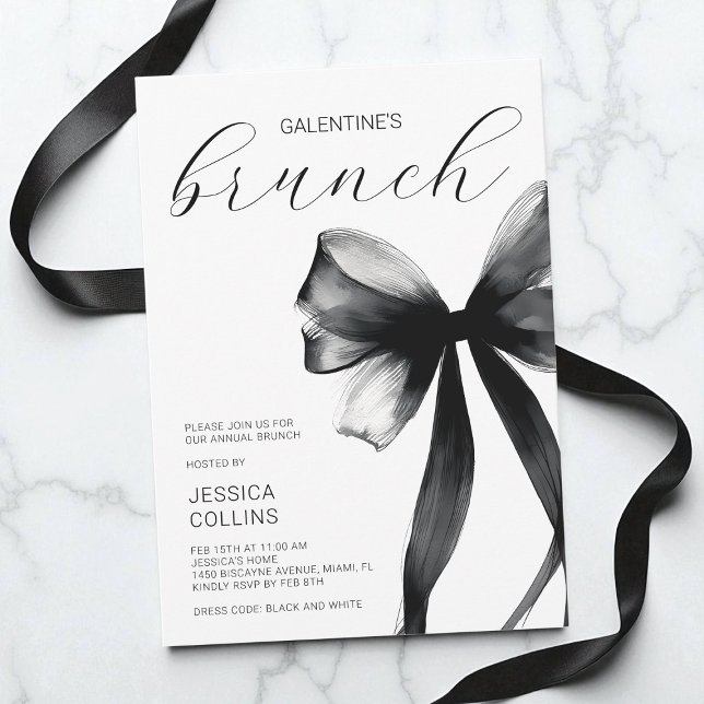 Script Black Bow Galentine's Day Brunch Party Einladung (Script Black Bow Galentine's Day Brunch Party Invitation)