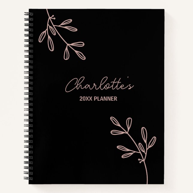 Script Black Pink Floral Bullet Joural Plane Notizbuch (Vorderseite)