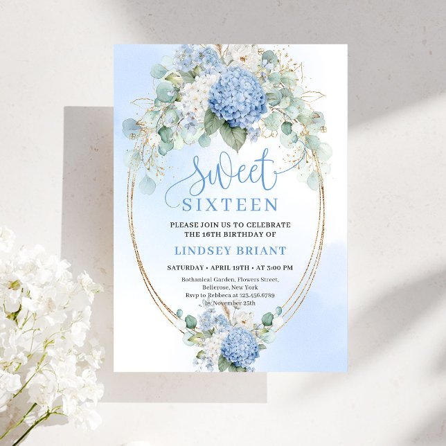 Script Blue Floral Gold Sweet 16 Birthday Invites Einladung (Script Blue Floral Gold Sweet 16 Birthday Invitation)