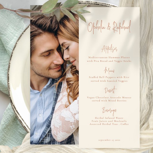 Script Boho Foto Cream Wedding Menu Card Einladung (Menu Front and back view. Available printed or digitally. Optional add your photo on the back.)