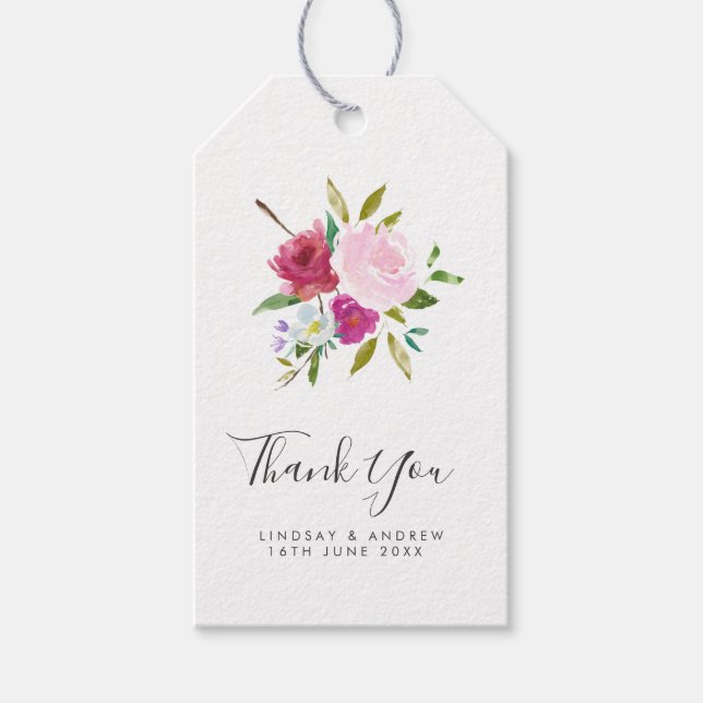 Script Bold Pink Floral Wedding Vielen Dank für Ih Geschenkanhänger (Vorderseite)