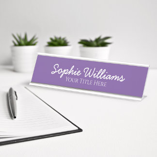 Script Bold White Fonts on Purple Schreibtischnamensplakette