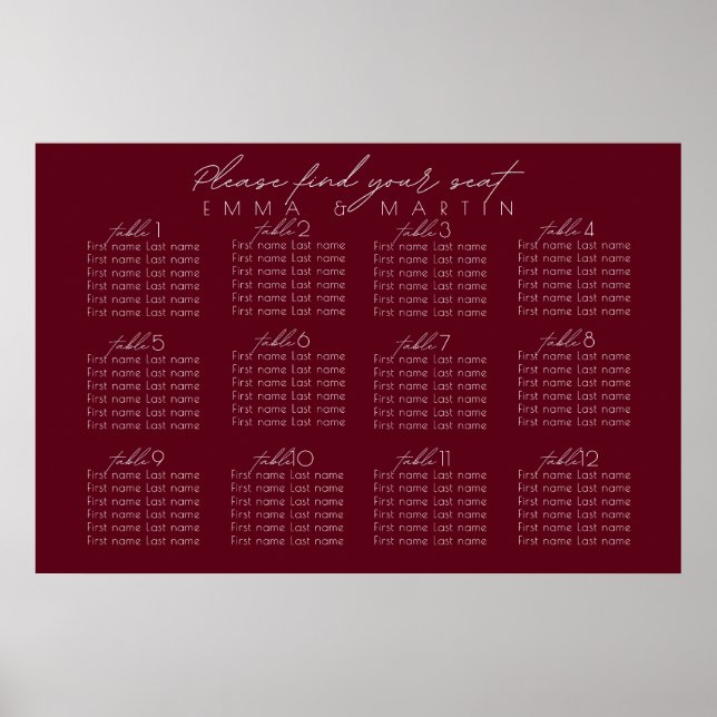Script Burgundy Seating Chart Poster (Vorne)