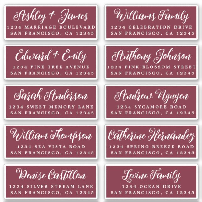 Script Burgundy Wedding Guest Address Labels (Vorderseite)