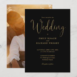 Script Calligraphy Foto Black and Gold Wedding Einladung