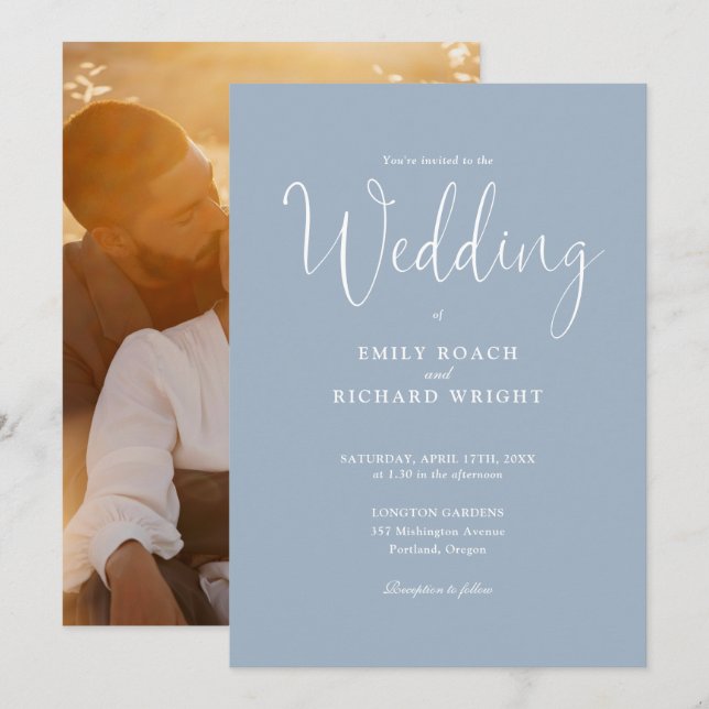 Script Calligraphy Foto Dusty Blue Wedding Einladung (Vorne/Hinten)
