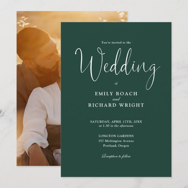 Script Calligraphy Foto Emerald Green Wedding Einladung (Vorne/Hinten)