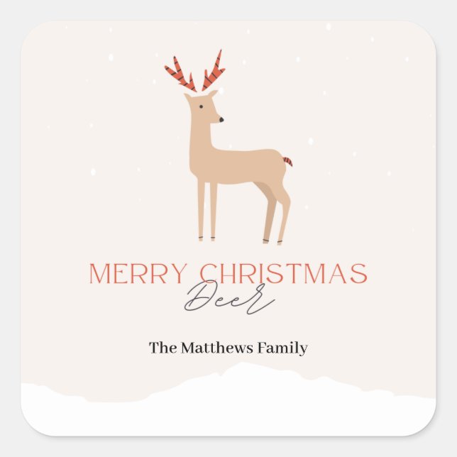 Script Creamy Biege Weihnachtsbaum & Familienname Quadratischer Aufkleber (Vorderseite)