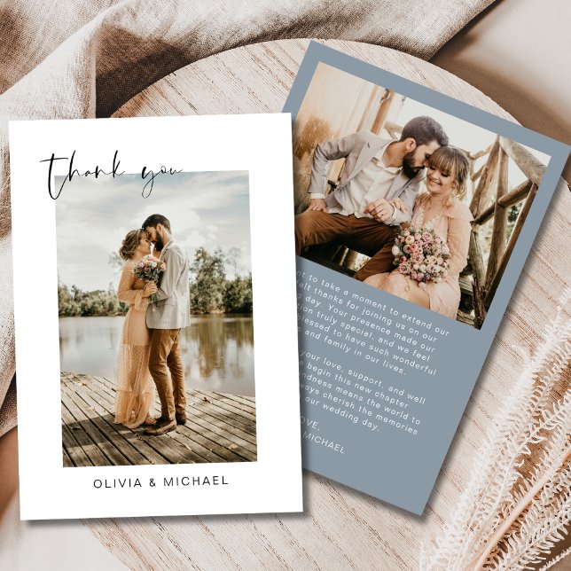 Script Dusty Blue Foto Wedding Danke Card (Von Creator hochgeladen)