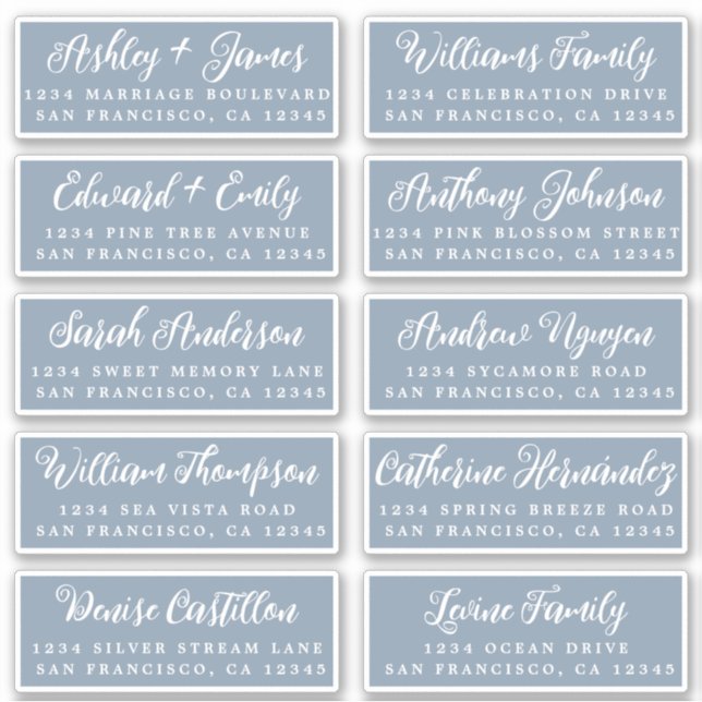 Script Dusty Blue Wedding Guest Address Labels (Vorderseite)