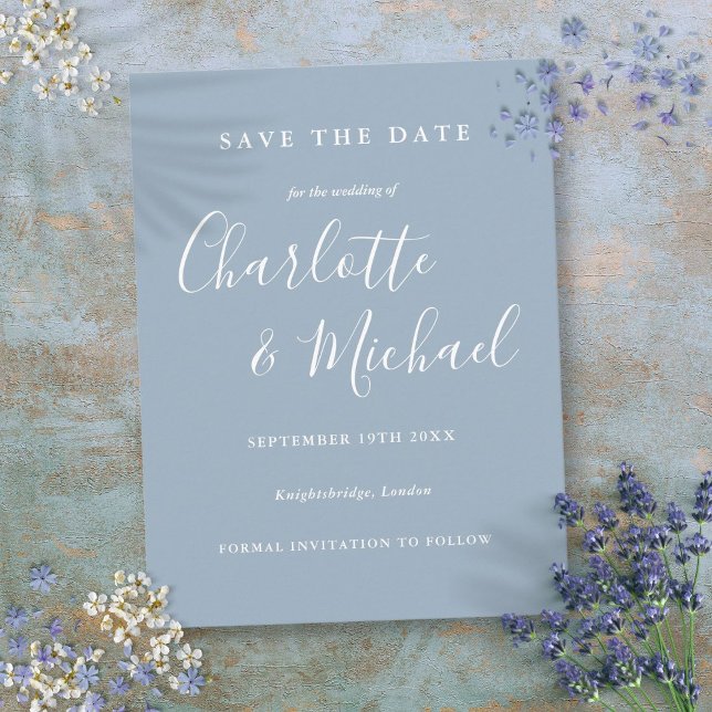 Script Dusty Blue Wedding Save the Date Card Postkarte (Script Dusty Blue Wedding Save the Date Card)