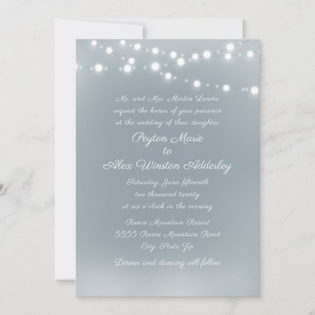 Script Dusty Blue White String Lights Hochzeit Einladung (Vorderseite)