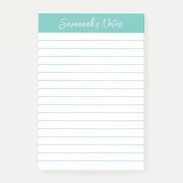 Script Elegant Aqua Lined Personalized Post-it Klebezettel (Vorderseite)