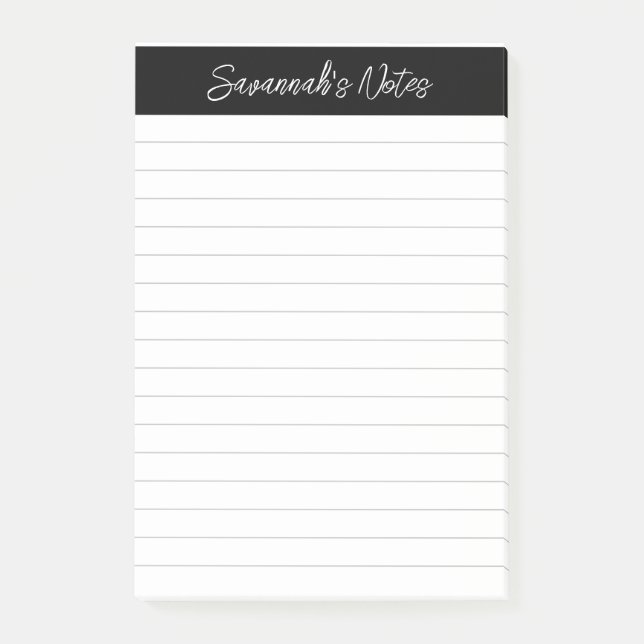 Script Elegant Black Gray Lined Personalized Post-it Klebezettel (Vorderseite)