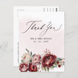 Script Elegant Burgundy Blush Floral Vielen Dank Postkarte