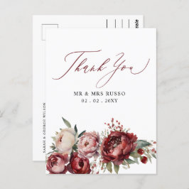 Script Elegant Burgundy Blush Floral Vielen Dank Postkarte