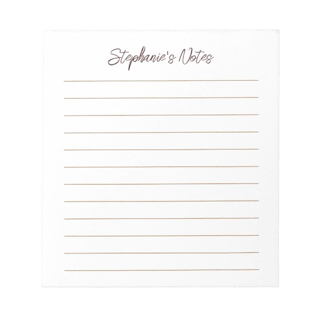  Script Elegant Chocolate Brown Lined Personalized Notizblock (Vorderseite)