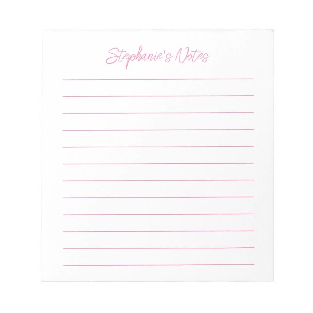  Script Elegant Pink Lined Personalized Notizblock (Vorderseite)
