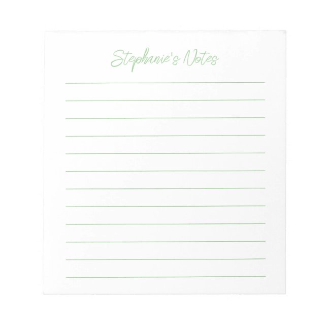  Script Elegant Sage Green Lined Personalized Notizblock (Vorderseite)