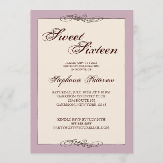 Script Elegante 16 . Geburtstag in Cream & Lilac Einladung