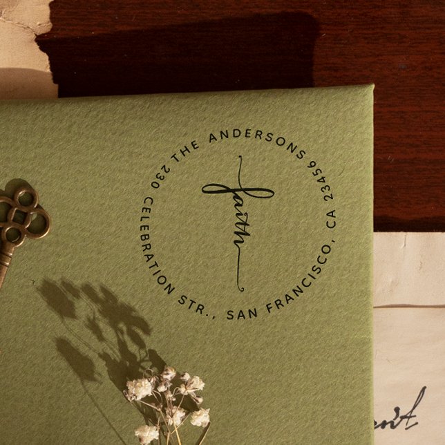Script Faith Cross Round-Rücksendeadresse Permastempel (Rubber Stamp Mock-up)