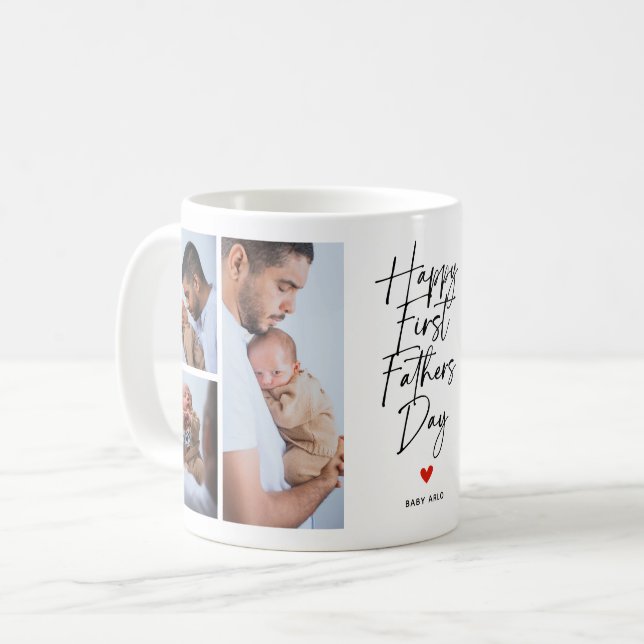 Script First Father's Day Photo Collage Gift Kaffeetasse (Vorderseite Links)