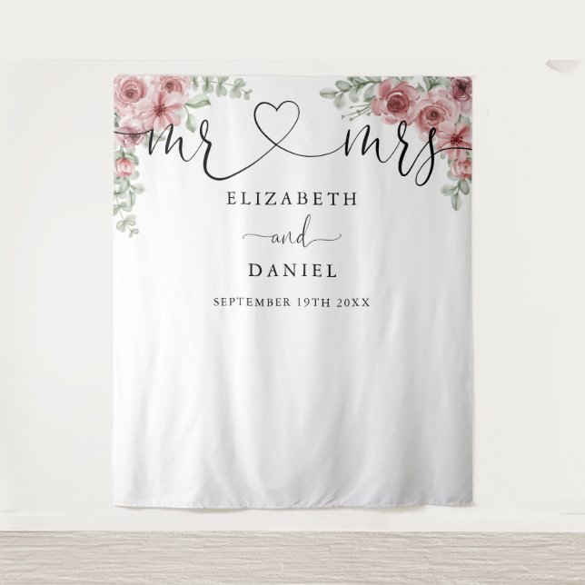 Script Floral Wedding Foto Booth Hintergrund Wandteppich (Vorderseite)