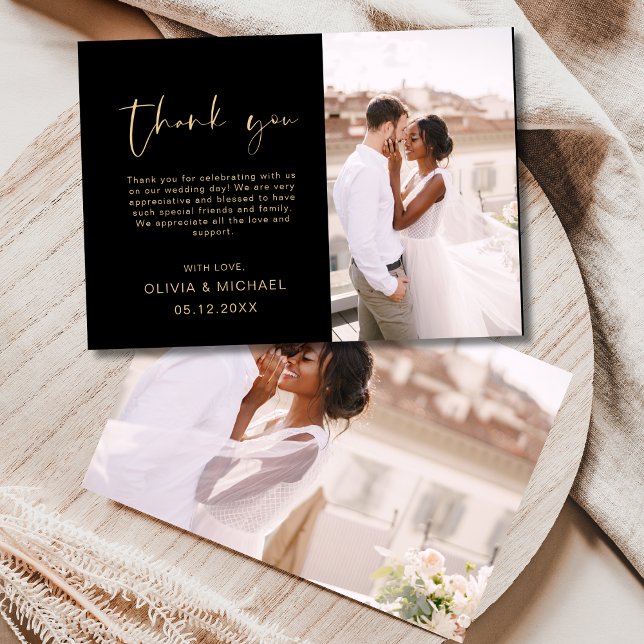 Script Foto Wedding Black Gold Dankeschön Karte (Von Creator hochgeladen)