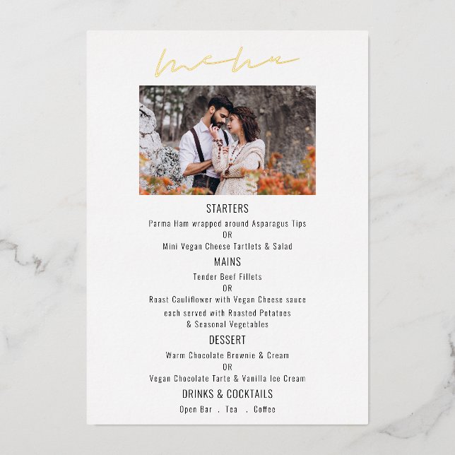 Script-Foto Wedding Luxury Real Foil Menu Card Folieneinladung (Vorderseite)