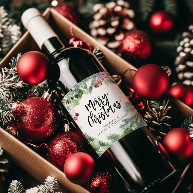 Script Frory Christmas Watercolor Greenery Weinetikett (Script Merry Christmas Watercolor Greenery Wine Label)