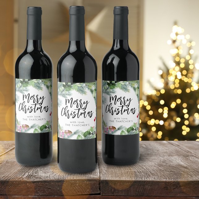 Script Frory Christmas Watercolor Greenery Weinetikett (Script Merry Christmas Watercolor Greenery Wine Label)