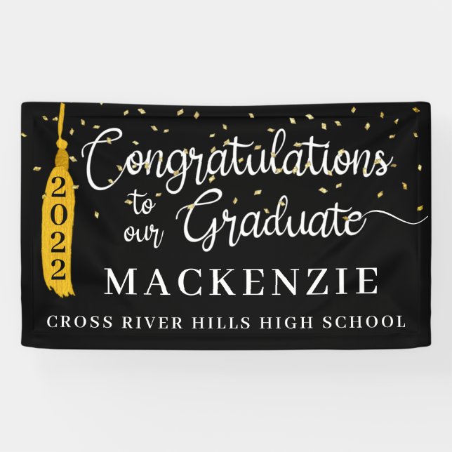 Script-Glückwunsch Grad Black Gold Tassel Confetti Banner (Horizontal)