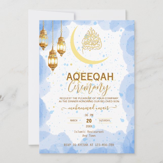 Script gold crescent Baby Boy Aqiqah Invitation Einladung (Vorderseite)
